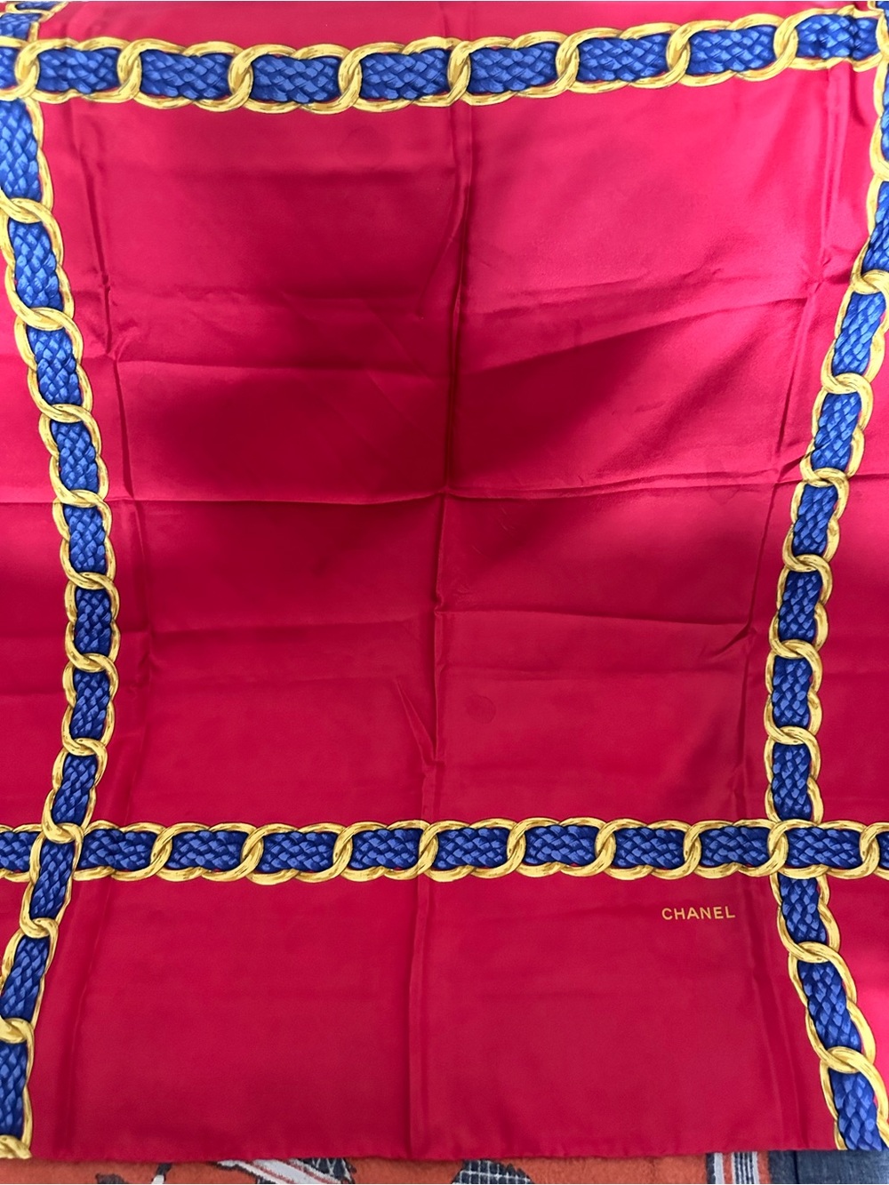 CHANEL❤️⭐️ RED SILK SCARF WITH BLUE & GOLD CHAIN BORDER ITEM # 2153884